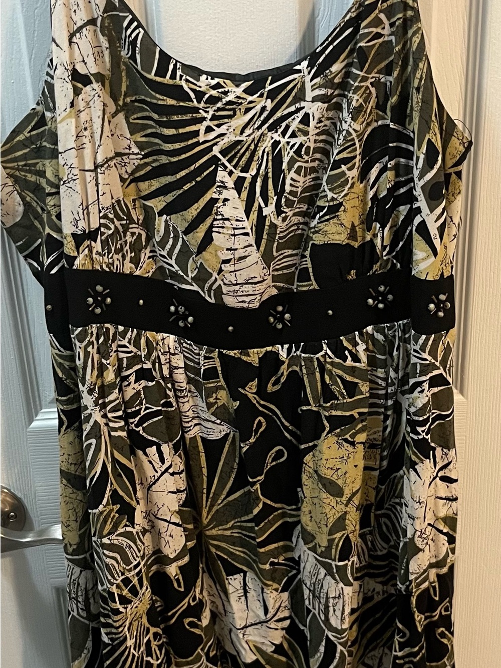 Dressbarn Black, Olive & Cream Tropical Print SunDress stretch Size 18